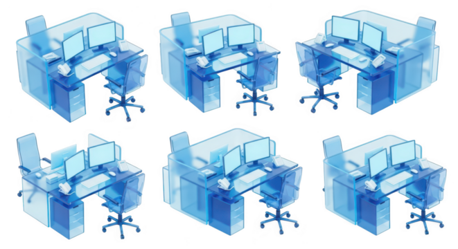 Transparent blue 3D office desks on white computer displays chairs servers and phones visible representing data analysis or digital design