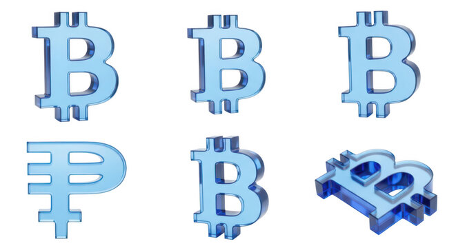 Six translucent digital currency symbols including Bitcoin and Ruble isolated on white representing finance investment and digital assets