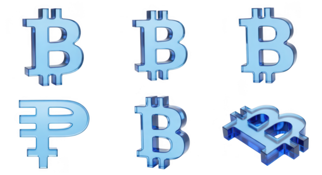Six translucent digital currency symbols including Bitcoin and Ruble isolated on white representing finance investment and digital assets