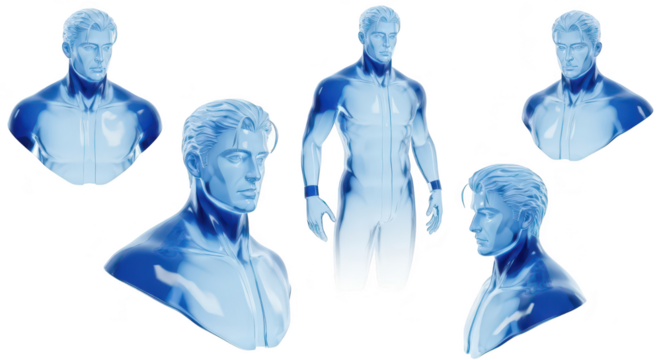 Translucent man's multiple poses showcase futuristic sci-fi design isolated on white potential for 3D modeling/digital art