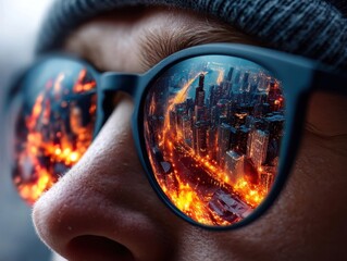 A city skyline with glowing lights is reflected in sunglasses worn by a person in a beanie.