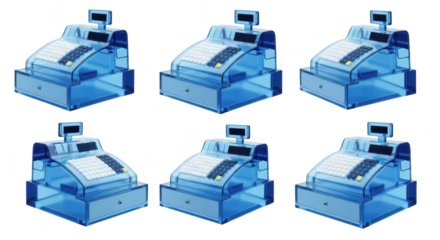 Six blue transparent cash registers on white backdrop arranged for retail sales product marketing or store concepts