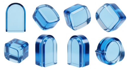 Transparent blue glass cube blocks arranged on white demonstrating various perspectives for design elements