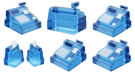 Transparent blue cash registers in various poses isolated on white suggesting business concepts and financial transactions