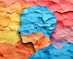 Mental health image Various emotion and mind Waste paper and head silhouette
