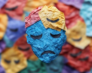 Mental health image Various emotion and mind Waste paper and head silhouette
