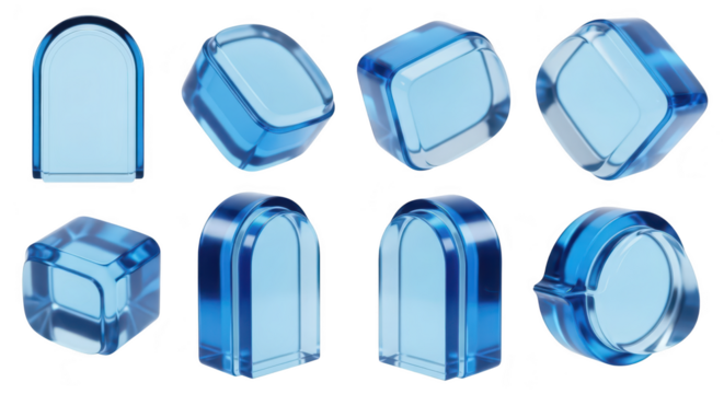 Transparent blue glass cube blocks arranged on white demonstrating various perspectives for design elements