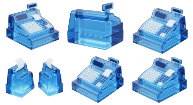 Transparent blue cash registers in various poses isolated on white suggesting business concepts and financial transactions