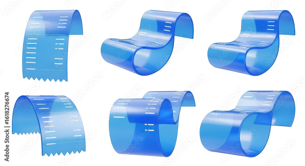 Poster 3d rendering of blue transparent receipts curling isolated on white showing transaction details for 