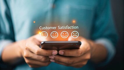 Person holding smartphone with customer satisfaction emojis