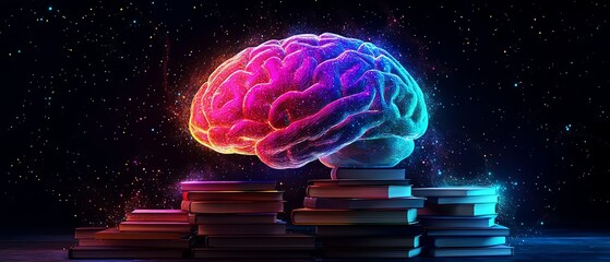 Glowing brain atop a stack of books.  Knowledge, intelligence, learning concept.