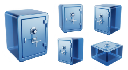 Blue translucent safes in various positions against a white backdrop highlighting security banking and finance