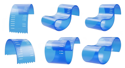 3D rendering of blue transparent receipts curling isolated on white showing transaction details for finance or accounting use