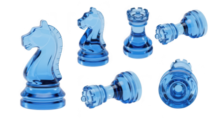 Transparent blue chess pieces arranged some upright and some fallen on a white background symbolizing strategy and competition