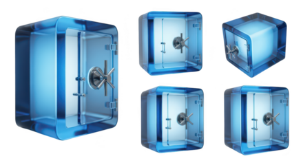Transparent blue safes in various angles opened and closed against a white background suitable for security concept illustrations