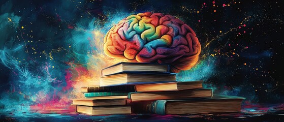 Colorful brain atop a stack of books, symbolizing knowledge, learning, and intelligence.