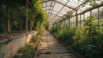 Fototapeta premium Overgrown abandoned greenhouse with wooden pathway and lush greenery
