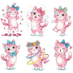 A collection of charming cartoon kittens, each adorned with a delicate bow, radiates joy and playfulness through a series of lively poses.