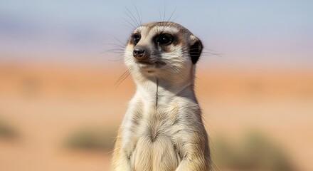 A close-up portrait of an alert meerkat standing guard in the sunny African desert.