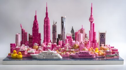 A highly detailed and colorful miniature cityscape constructed from pink plastic building blocks featuring iconic skyscrapers boats floating in the waterways and playful rubber ducks