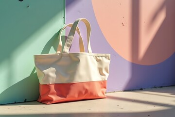 Eco friendly canvas tote bag mockup against colorful wall backdrop shot
