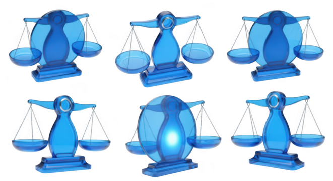 Transparent blue justice scales on a white backdrop with various angles and a glowing light representing law fairness and legal concepts