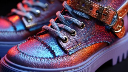 Shiny, metallic lace-up boots with a textured finish and decorative buckle, illuminated by colorful lighting.