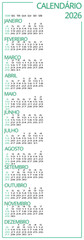 2026 calendar design in Portuguese with minimalist vertical layout and free space to add branding or notes