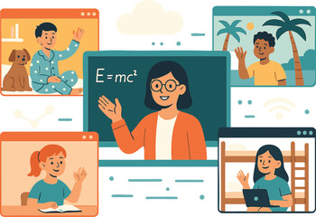 Collaborative online learning session with students and interactive whiteboard