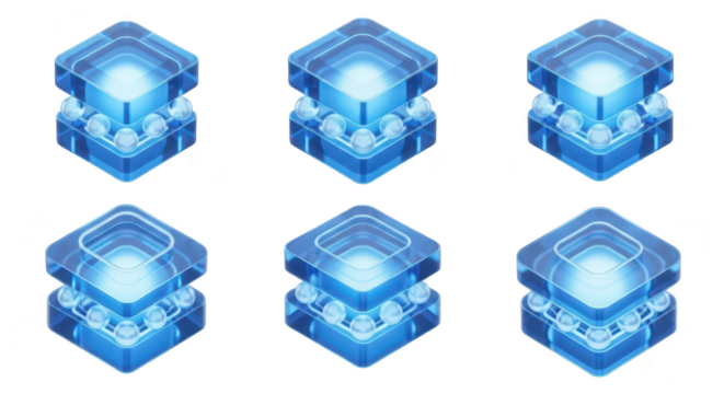 Isometric 3D render of transparent digital data servers glowing isolated on white Representing cloud computing information storage or processing