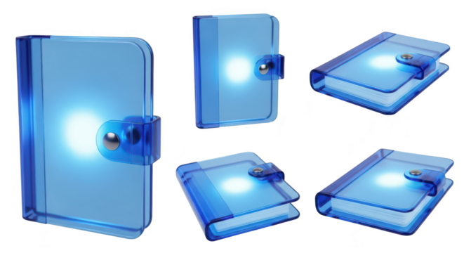 Blue translucent business card holders displayed against a white backdrop showcasing product design for branding or presentation purposes