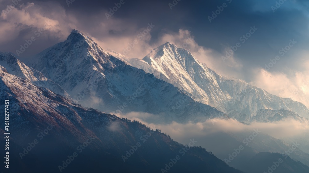 Poster misty mountains bathed in the soft glow of dawn light, with clouds hovering above, creating a calm a