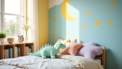 Bedroom with dinosaur plush and star pillows against moon and star wall
