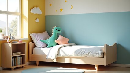 A child's bedroom with a bed, dinosaur pillow, and a bedside table