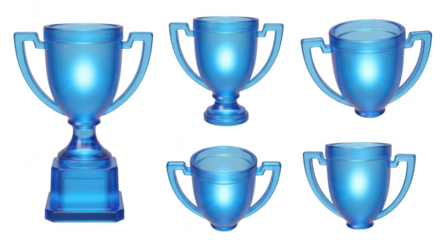 Transparent blue trophies are displayed showing different angles against a white background ideal for representing achievement competition and winning concepts