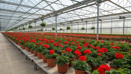 Vast greenhouse filled with rows of vibrant red geraniums ready for sale