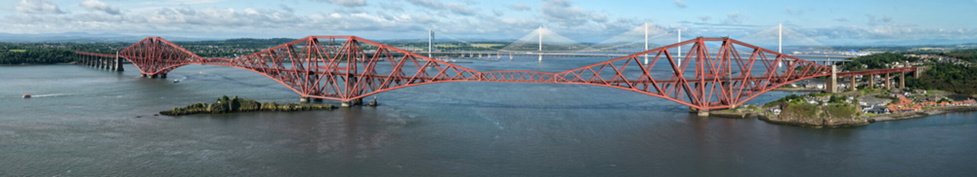 Panorama of the red Forth Rail Bridge and Queensferry Crossing bridge in the background, Scotland