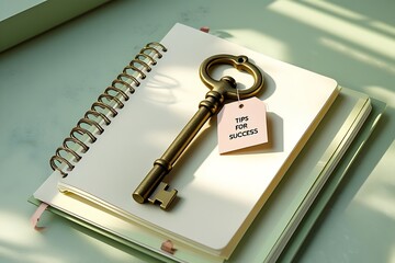 Tips for success concept with key on notebook success tips and guides