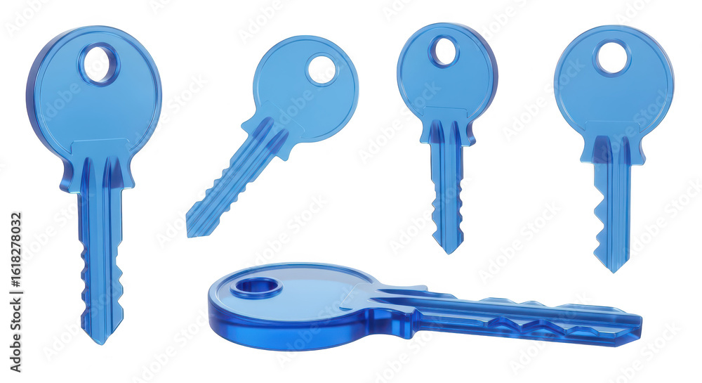 Aufkleber blue transparent keys arranged on white background suitable for concepts like access security or sol