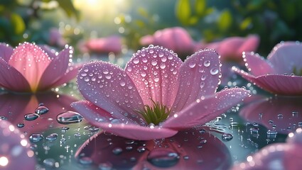 Close up of pink flower petals covered in water droplets glistening
