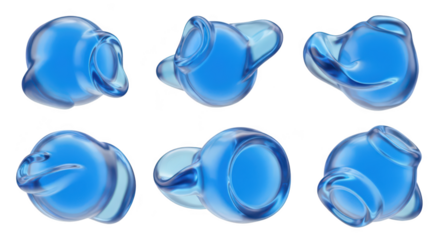Six transparent blue earbud-like spheres floating in various positions against a clean white backdrop suitable for tech or product design