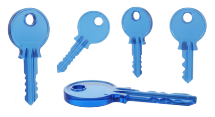Blue transparent keys arranged on white background Suitable for concepts like access security or solutions No distractions