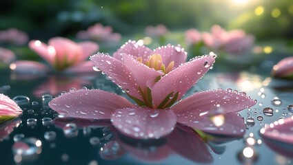 Close up of pink flower petals with water droplets on a reflective surface