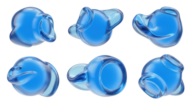 Six transparent blue earbud-like spheres floating in various positions against a clean white backdrop suitable for tech or product design