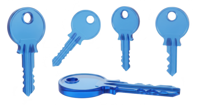 Blue transparent keys arranged on white background Suitable for concepts like access security or solutions No distractions