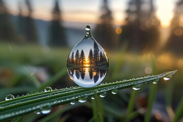 Water droplet reflecting trees and sunrise on a blade of green grass