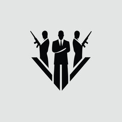 Naklejka premium Three black suited figures with rifles in a V formation white silhouette
