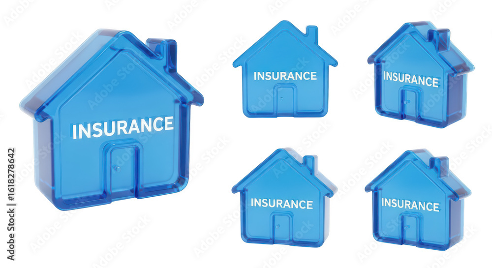 Poster blue transparent house models with insurance text on a white backdrop illustrating property coverage