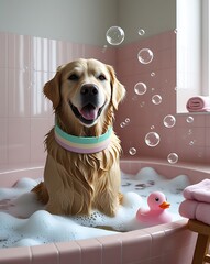 Golden retriever dog taking a bath with bubbles and rubber ducky toy