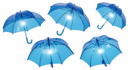 Blue transparent umbrellas float in a white background with light bursting through the canopies representing protection weather or design concepts